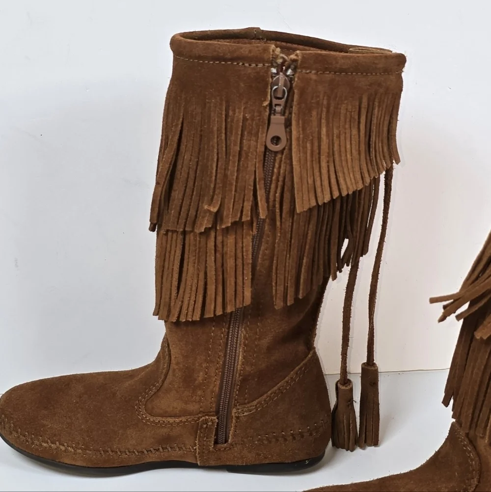 Minnetonka Double Fringe Suede Moccasin Indie Boho Boots Brown Size 5